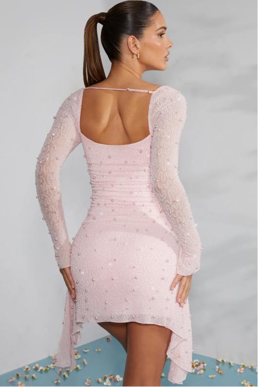 Pink Square Full Sleeve Sparkly Mini Homecoming Dresses, HM89