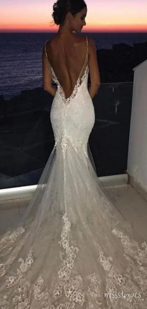 Long Trailing White Lace White Backless Sweetheart Mermaid Fashion Wedding Dresses,HS89