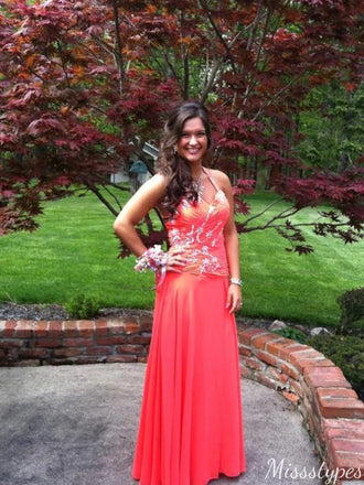 Gorgeous Halter V-neck Backless A-line Long Prom Dress Ideas, Evening Party Dresses,ZX673