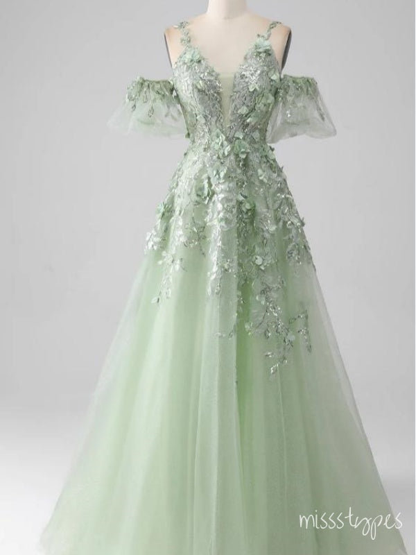 Green Princess A-Line Appliqued Floor-Length Fashion Prom Dresses,ZX180