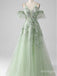 Green Princess A-Line Appliqued Floor-Length Fashion Prom Dresses,ZX180