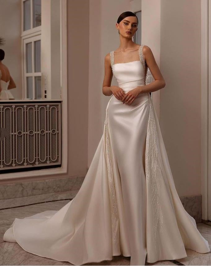 White Satin Beading Luxurious Floor-Length Backless Long Prom Evening Dress,ZX307