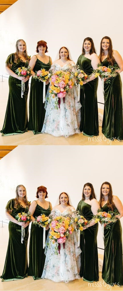 Green Classy Green Velvet Floor-Length Bridesmaid Dresses Online, BL59