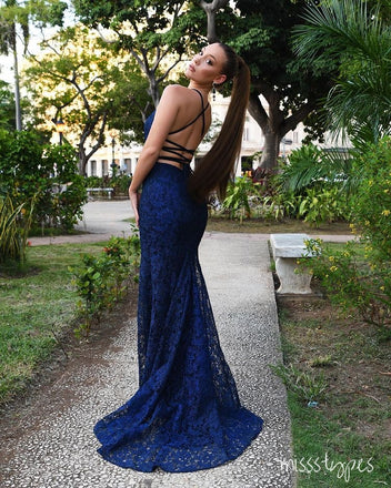 Women Simple Lace Spaghetti Strap Sleeveless Long Mermaid Prom Dresses,ZX49