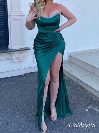 Sexy Beading Emerald Round-Neck Strapless Side Slit Long Prom Dresses ZX05