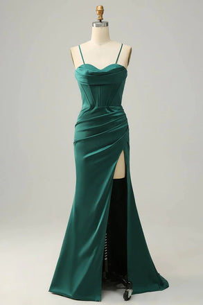Charming Dark-Green Mermaid Pleat Side Slit Criss-Cross Floor-Length Prom Dresses,ZX72