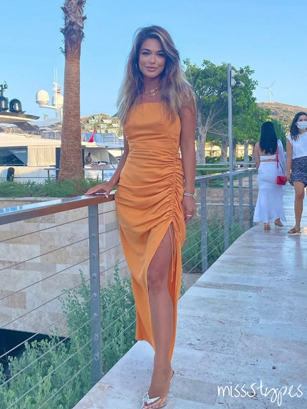 Simple Orange High-Neck Pleat Side Slit Te-Length PromDresses,ZX34