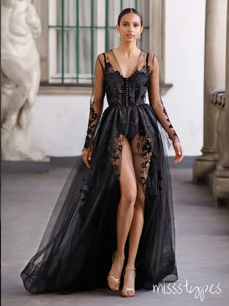 Sexy Women Black Full Sleeve Appliqued Lace With Tail Prom Dresses,ZX82