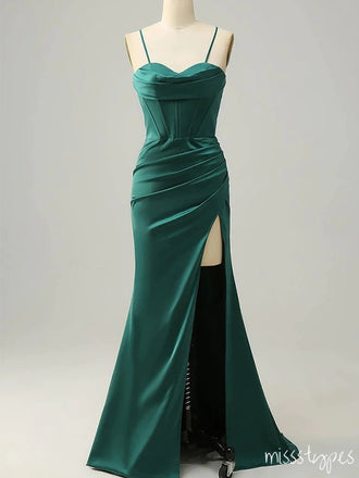 Charming Dark-Green Mermaid Pleat Side Slit Criss-Cross Floor-Length Prom Dresses,ZX72
