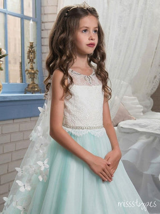 Cute Princess Mint-Green butterfly Tulle Bow Empire Popular Little Flower Girl Dresses, ET33