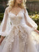 Off White Lace Elegant Backless Full Sleeve Appliqued Long A-Line Wedding Dresses HS41