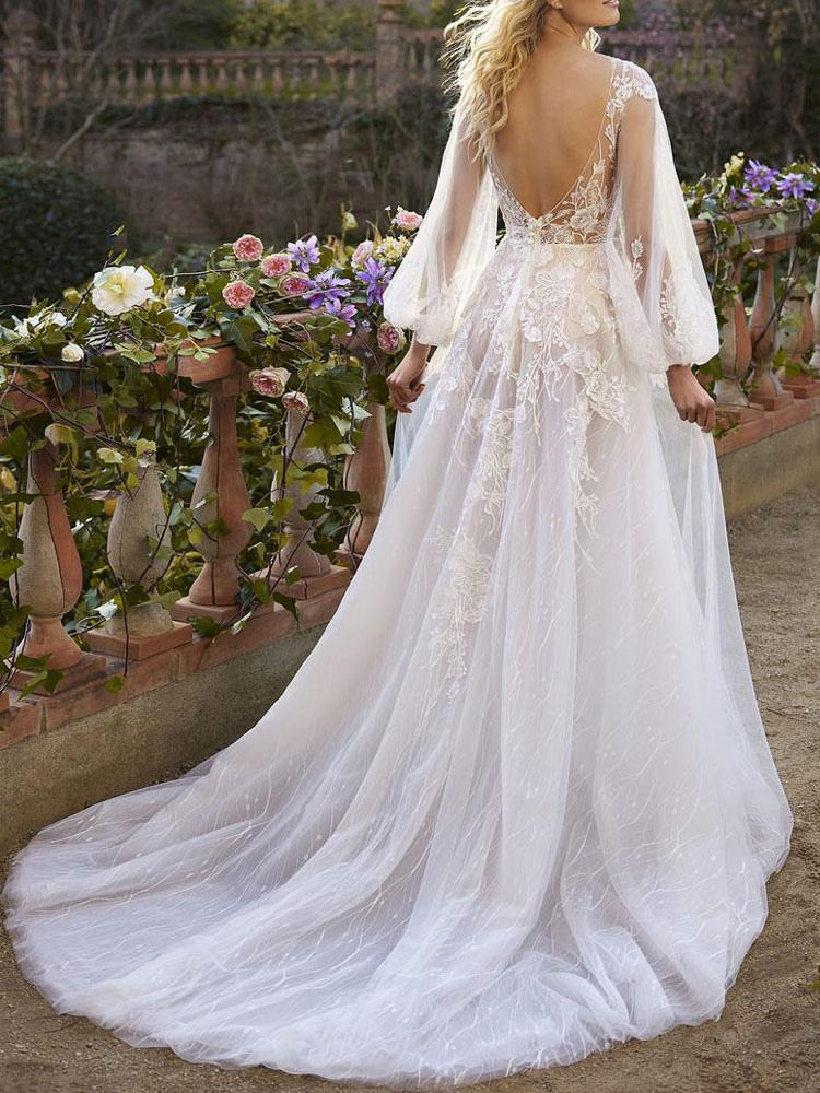 Off White Lace Elegant Backless Full Sleeve Appliqued Long A-Line Wedding Dresses HS41