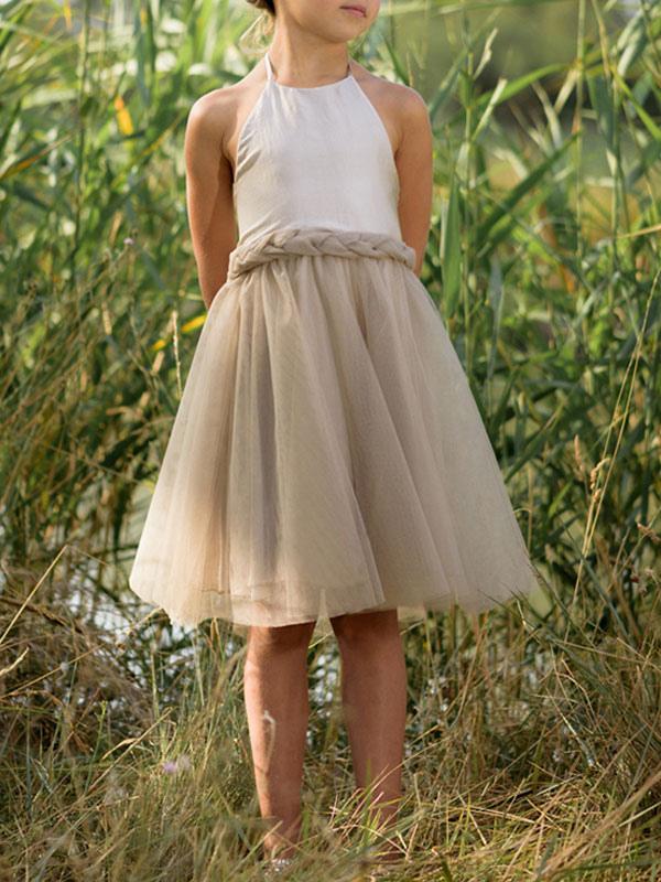 Simple Rustic Brown Tulle Bow Empire A-Line Popular Little Flower Girl Dresses, ET34