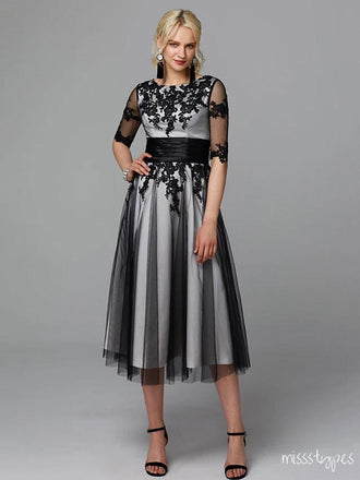 Vintage Black Lace Full Sleeve Appliqued Empire A-Line With Tail Prom Dresses,ZX81