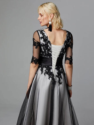 Vintage Black Lace Full Sleeve Appliqued Empire A-Line With Tail Prom Dresses,ZX81