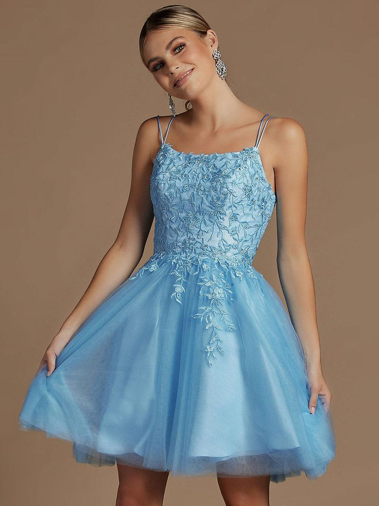 Simple Women Tulle Appliqued Spaghetti Strap Mini Homecoming Dresses, HM27