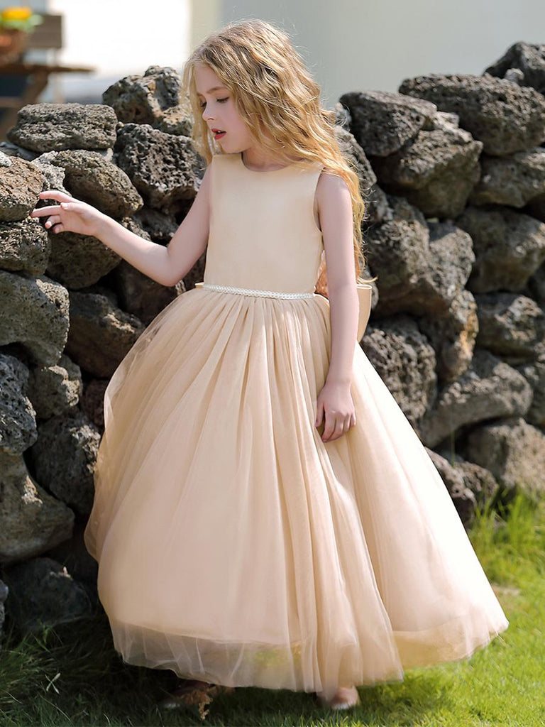 Simple Champagne Sleeveless Beading A-Line Tulle Empire Popular Little Flower Girl Dresses, ET36