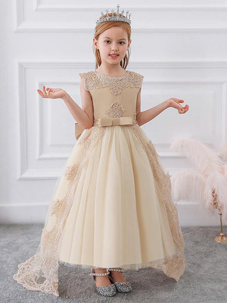Beautiful Round-Neck Appliqued Tulle Bow Empire Popular Little Flower Girl Dresses, ET35