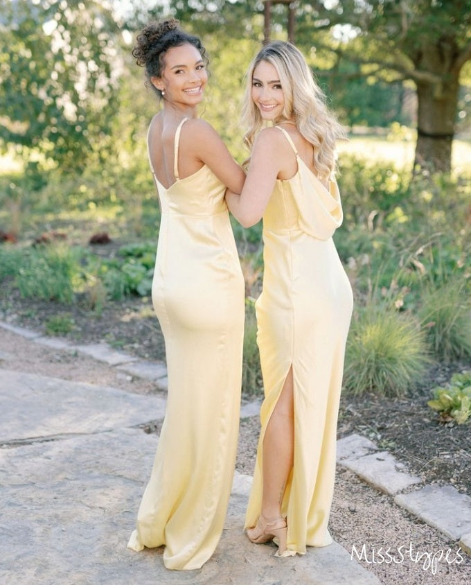 Simple Lemon-Yellow Mismatched Spaghetti Strap Pleat Homecoming Dresses, HM03