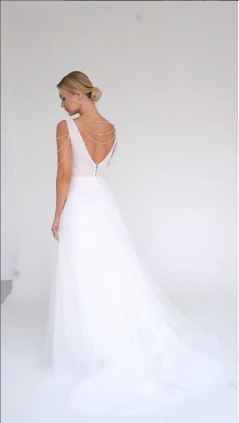 Classy Off-White Beading V-Neck Lace A-Line Floor-Length Wedding Dresses HS01