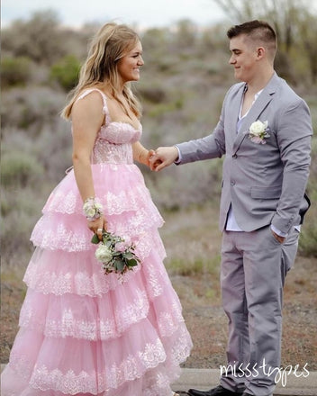 Cute Pink Lace Off Shoulder A-Line With Tail Long Prom Dresses ZX16