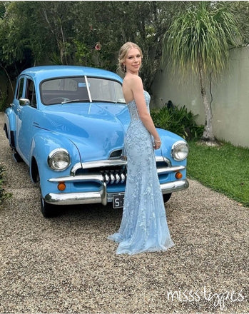 Cute Pink/Blue Appliqued Strapless Mismatched Floor-Length Prom Dresses ZX14