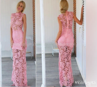 Elegant Candy Pink Floor-Length Lace Sleeveless Mermaid Evening Dresses ZX23