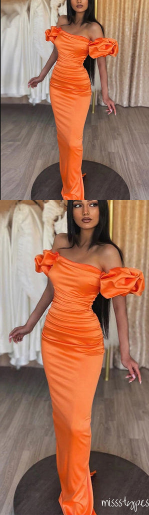 Women Sexy Sunset Orange Off Shoulder Bodycon Mermaid Long Prom Dresses ZX20