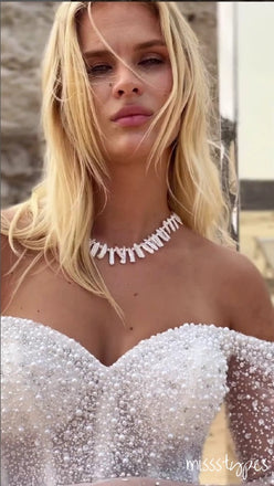 Women White Off Shoulder Beading Sweetheart A-Line With Tail Wedding Dresses HS05