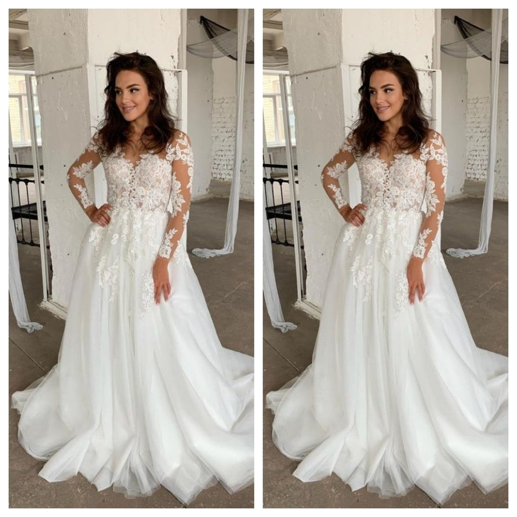 Beautiful Appliqued White Flower Full-Sleeve A-Line With Tail Wedding Dresses HS07