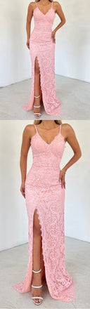 Elegant Pink V-Neck Spaghetti Strap Side Slit Appliqued Mermaid Evening Dresses ZX24