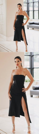 Women Sexy Black Strapless Side Slit Straight Cross Tea-Length Mermaid Evening Dresses ZX25