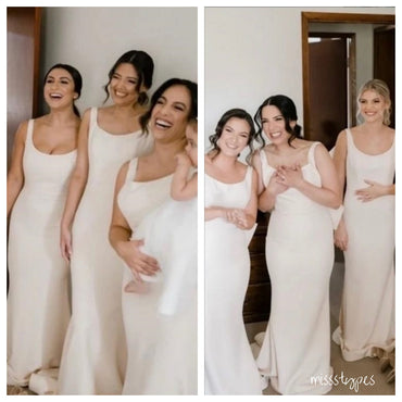 Simple Off-White Spaghetti Strap Round-Neck With Tail Bridesmaid Dresses Online, BL12