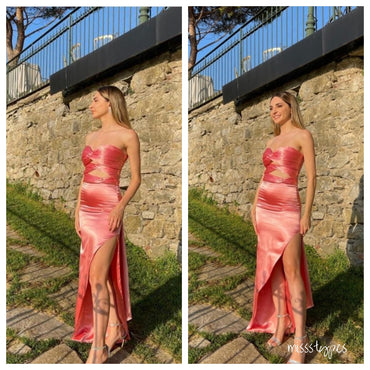Sexy Sweetheart Hot-Pink Strapless Side Slit Tea-Length Mermaid Prom Dresses ZX26
