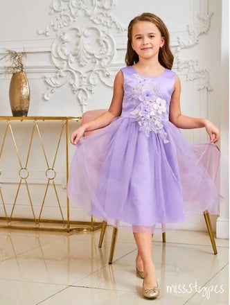 Beautiful Floral Printed Round-Neck Tulle Flower Girl Dresses With Flower Appliques, ET06