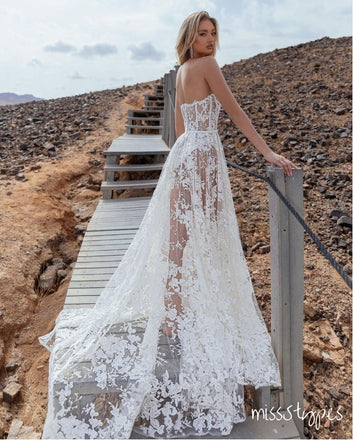 Sexy Flower Appliqued White Spaghetti Strap Sweetheart Floor-Length Wedding Dresses HS13