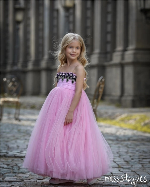 Hot-Pink Black Lace Spaghetti Strap Long A-Line Flower Girl Dresses, ET11