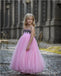 Hot-Pink Black Lace Spaghetti Strap Long A-Line Flower Girl Dresses, ET11