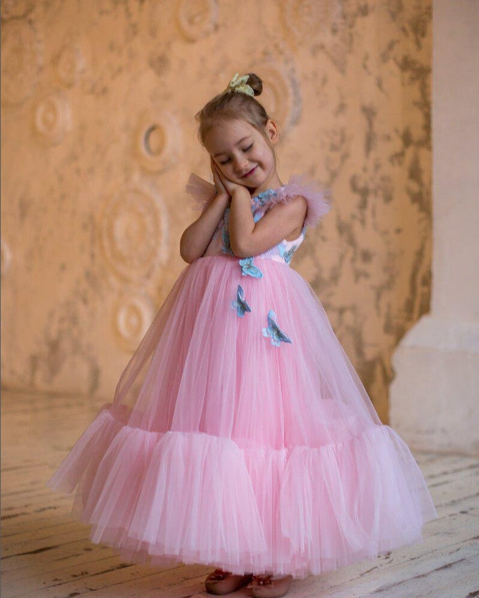 Cute Pink A-Line Blue Bow Appliqued Tulle Flower Girl Dresses, ET14