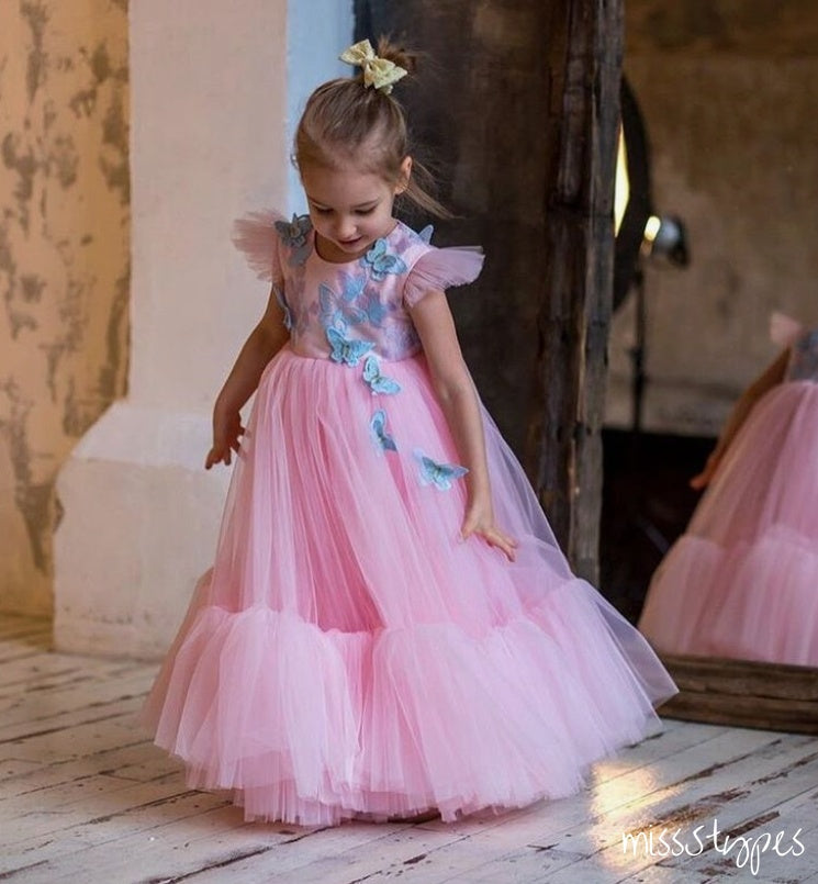 Cute Pink A-Line Blue Bow Appliqued Tulle Flower Girl Dresses, ET14