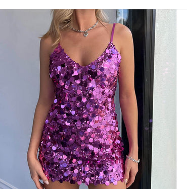 Vintage Purple Princess V-Neck Mini Sequin Evening Homecoming Dresses, HM10
