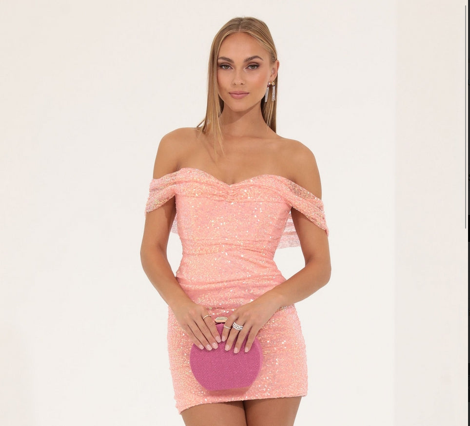 Alluring Coral Pink Off Shoulder Sweetheart Mini Sequin Homecoming Dresses, HM07