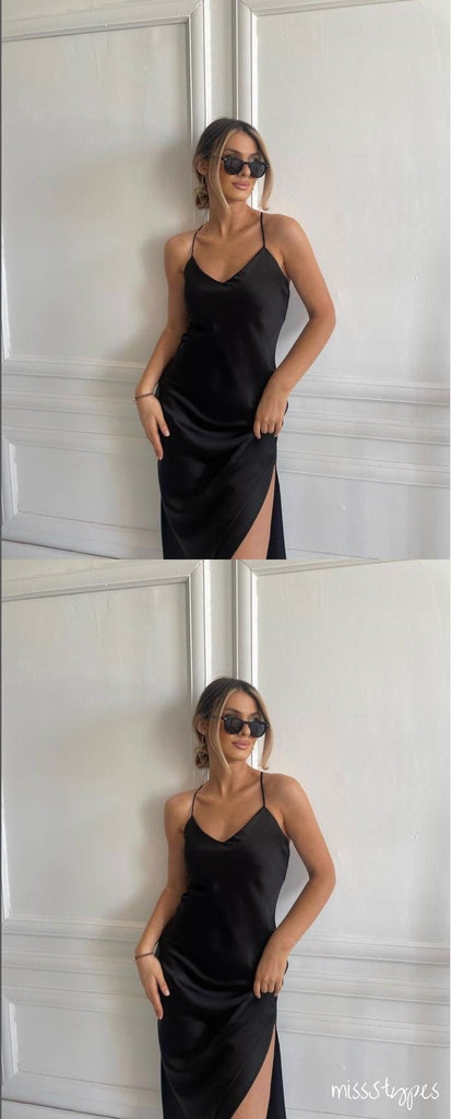 Elegant Black V-Neck Spaghetti Strap Side Slit Mermaid Long Prom Dresses,ZX42