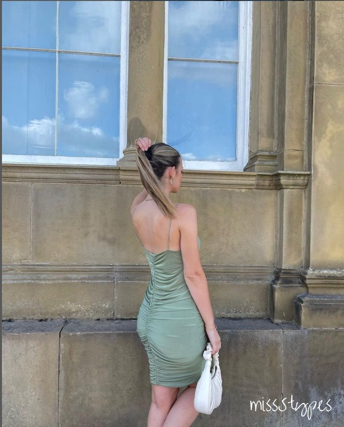 Simple Sage Green Spaghetti Strap Backless Tea-Length Mermaid Long Prom Dresses,ZX41