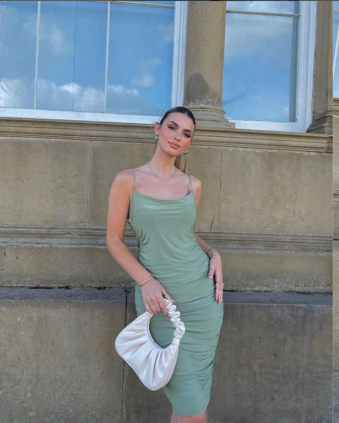 Simple Sage Green Spaghetti Strap Backless Tea-Length Mermaid Long Prom Dresses,ZX41