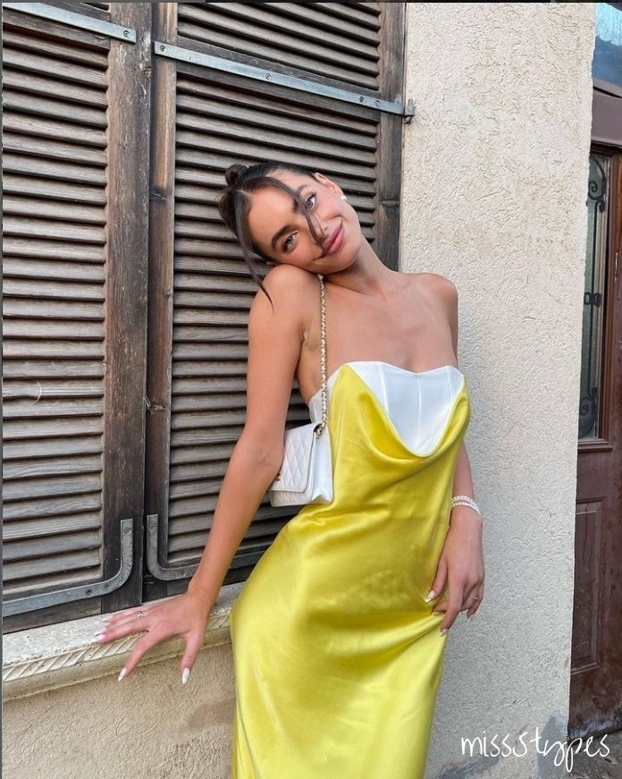 Sexy Lemon Yellow Strapless Backless Spliced Long Prom Dresses,ZX40