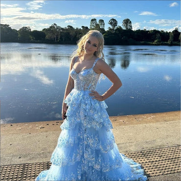 Mismatched V-Neck Spaghetti Strap Mermaid Tulle Appliqued Floor-Length Prom Dresses,ZX60