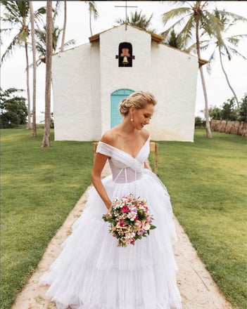 Vintage Off-White Off Shoulder A-Line Long Wedding Dresses HS18