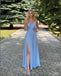 Sexy Blue V-Neck Spaghetti Strap Side Slit Mermaid Floor-Length Prom Dresses,ZX61