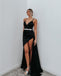 Sexy Black Beading V-Neck Spaghetti Strap Side Slit Long Mermaid Prom Dresses,ZX54